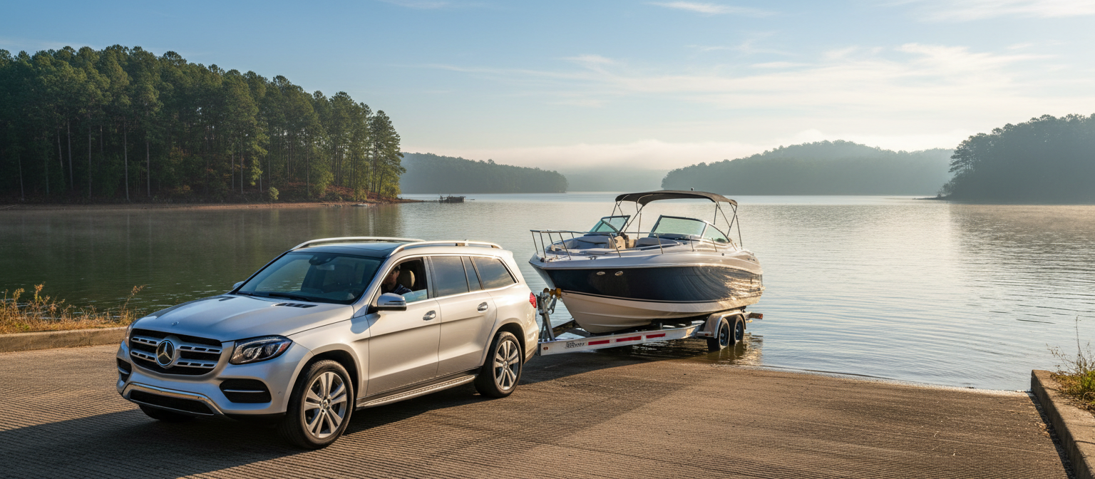 Mercedes-Benz GLS towing boat at Lake Lanier ramp near Duluth, GA